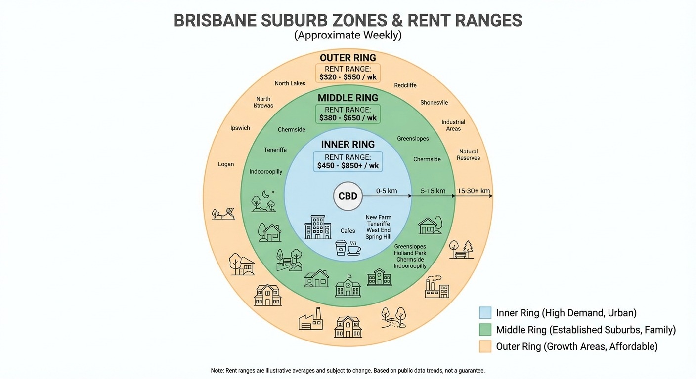 Map of Greater Brisbane highlighting the cheapest rental suburbs across the southside, northside, and outer corridors