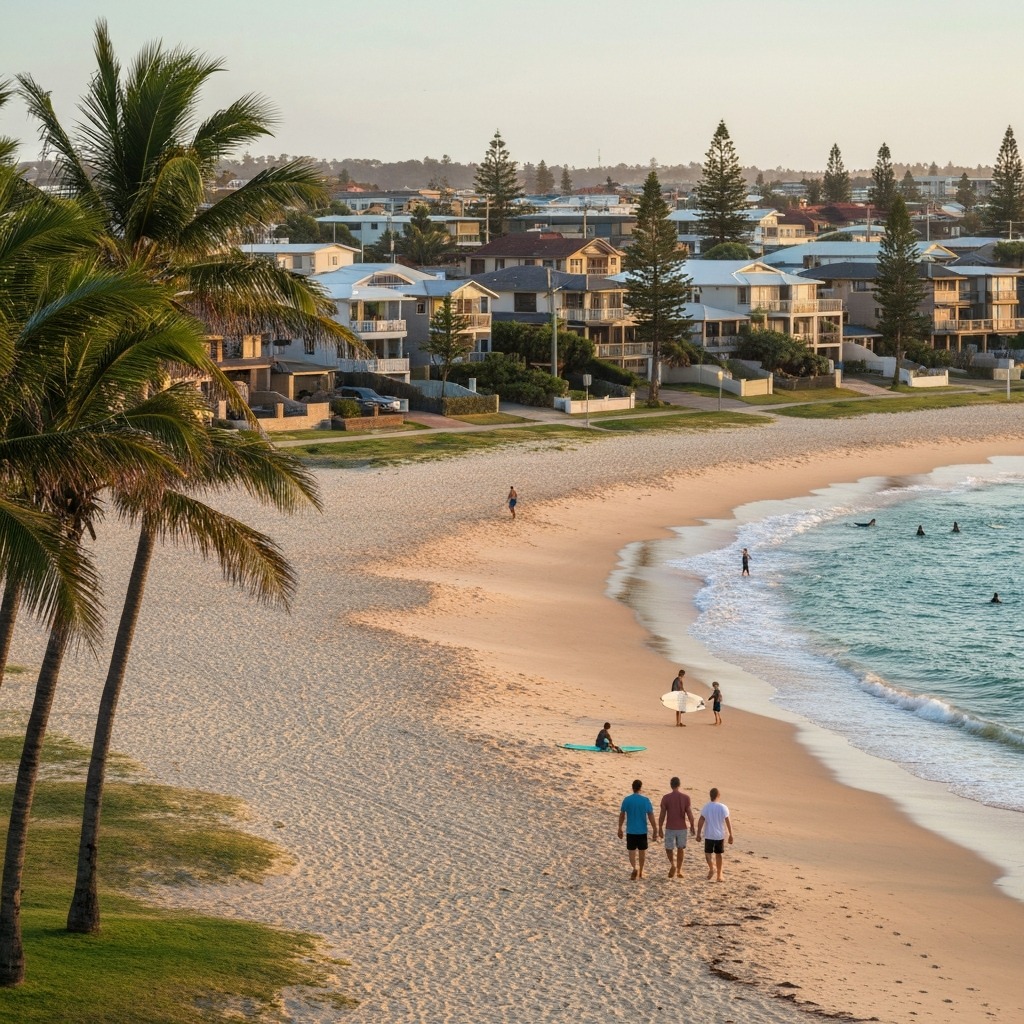 Burleigh Heads beach and headland viewed from the shoreline on a sunny day