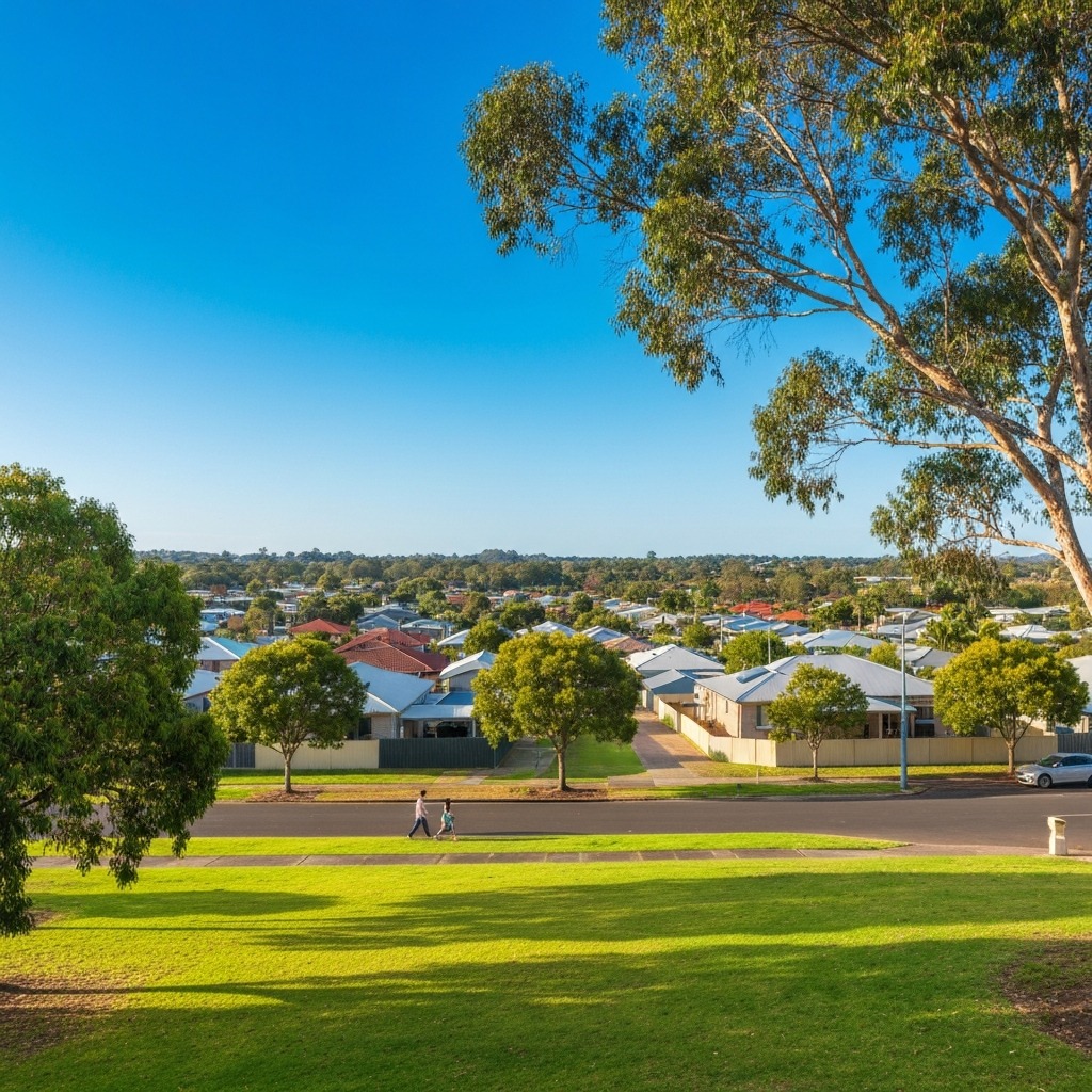 Caboolture town centre streetscape showing local shops and the train station area in Brisbane's northern corridor