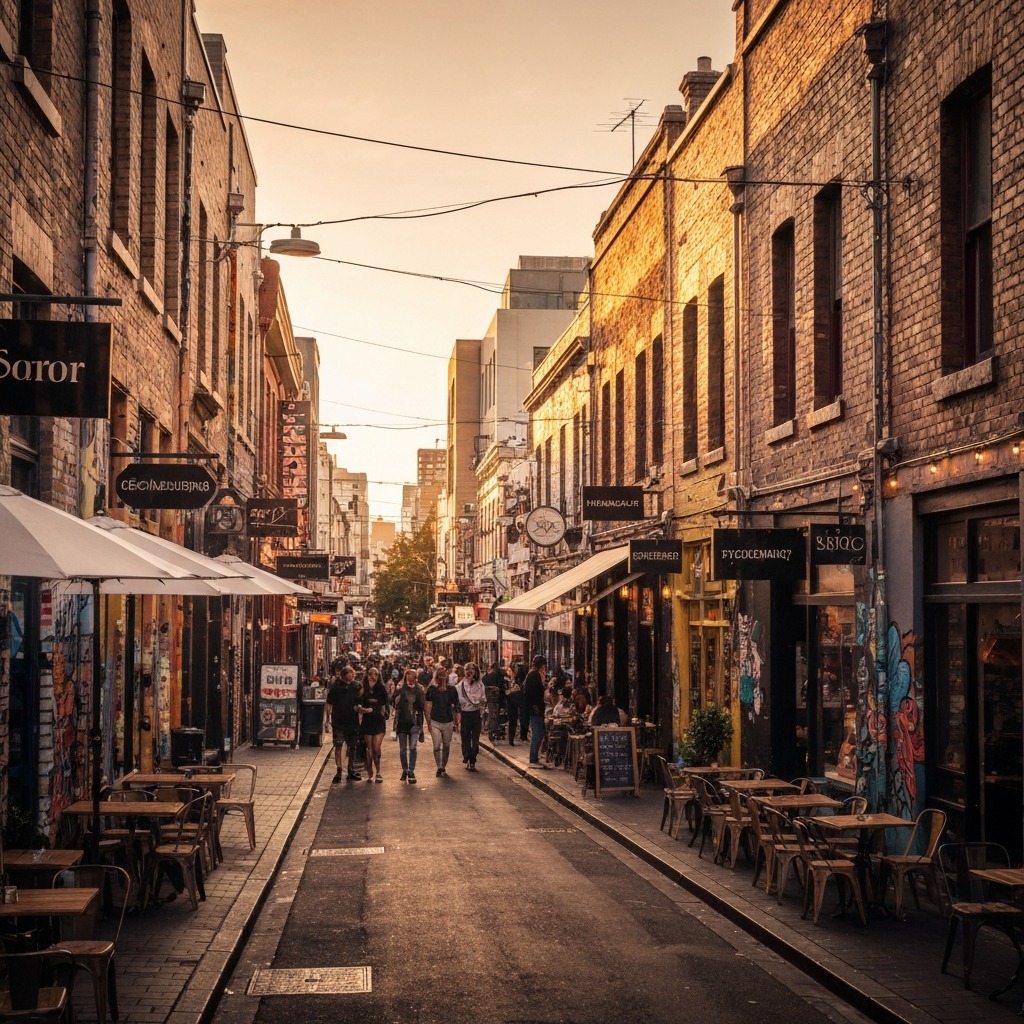 Brunswick Street Fitzroy with cafes, bars, and young professionals walking in the evening