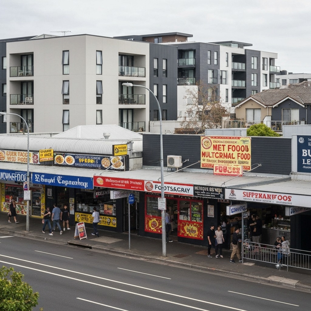 Footscray Market precinct with multicultural food stores and young people walking through