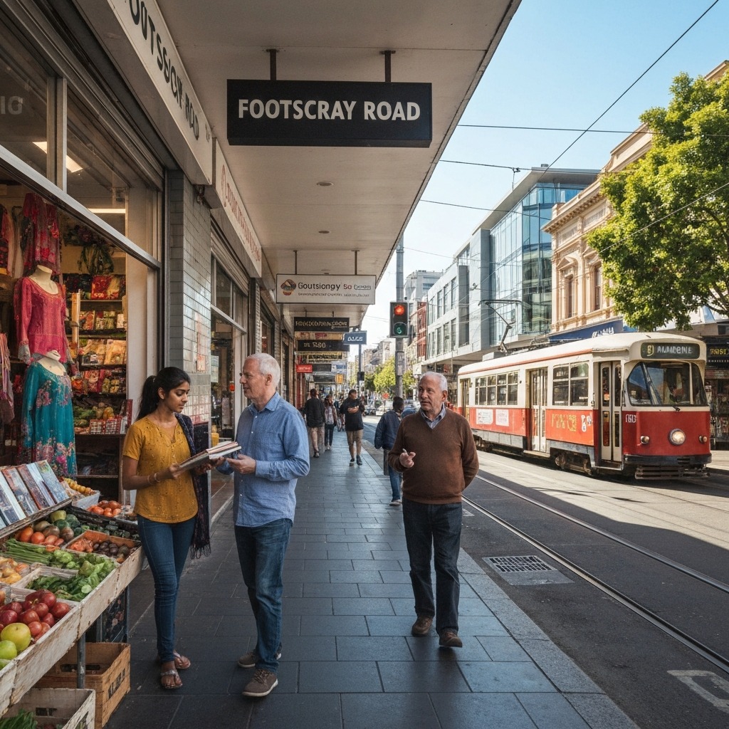 Footscray street scene with shops and cafes in Melbourne's west