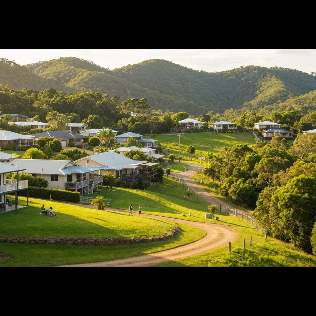 Lush green hinterland hills behind a quiet residential street on the Gold Coast