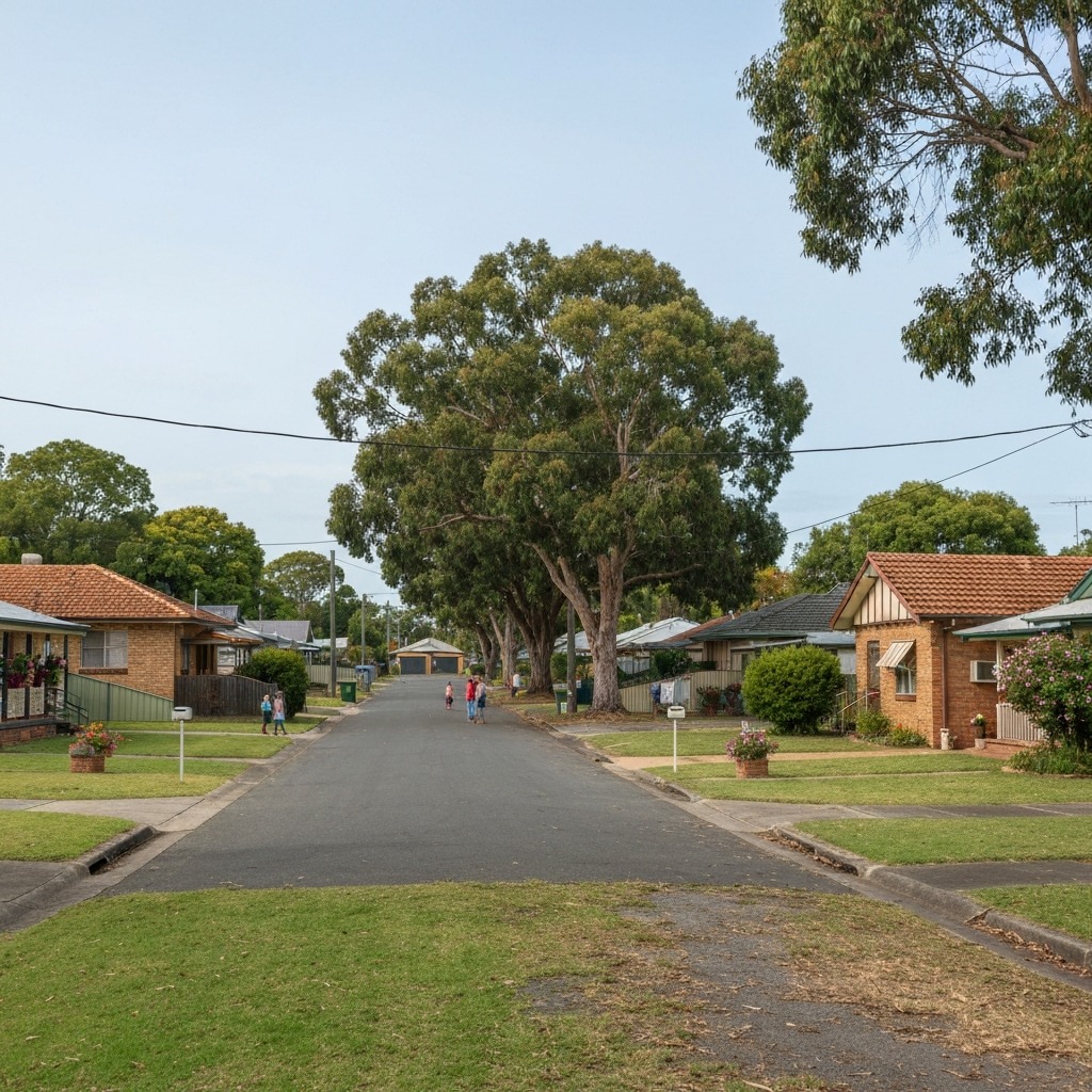 Residential street in the Logan area showing affordable brick homes with neat gardens typical of Brisbane's cheapest rental suburbs
