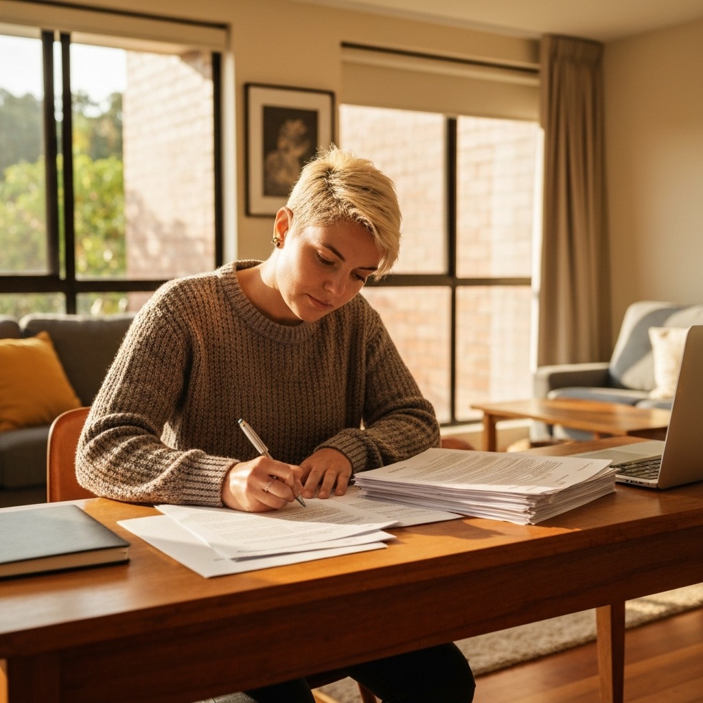 Organised folder of rental application documents including passport, payslips, and reference letters laid out on a desk ready for a Melbourne rental application