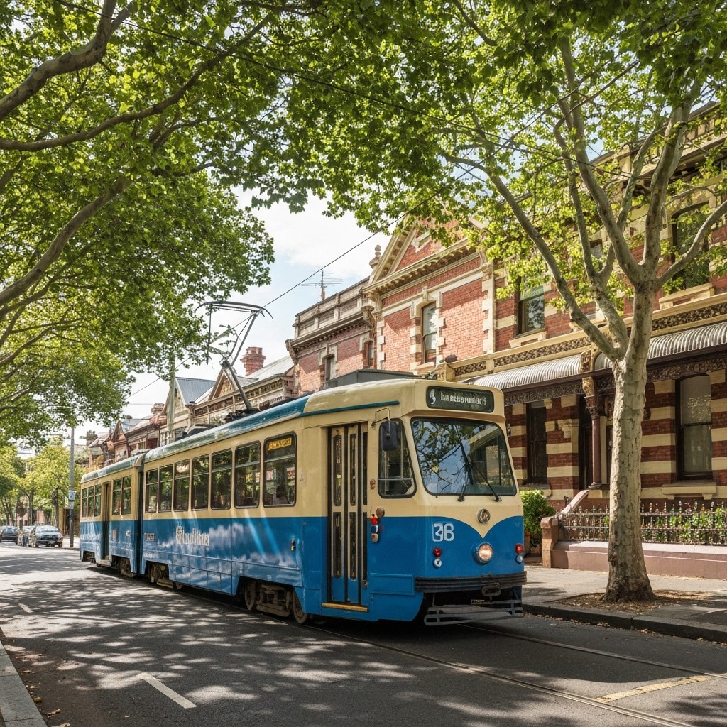 Melbourne tram travelling along a tree-lined suburban street in an inner-north neighbourhood, with cafes and shops visible on both sides