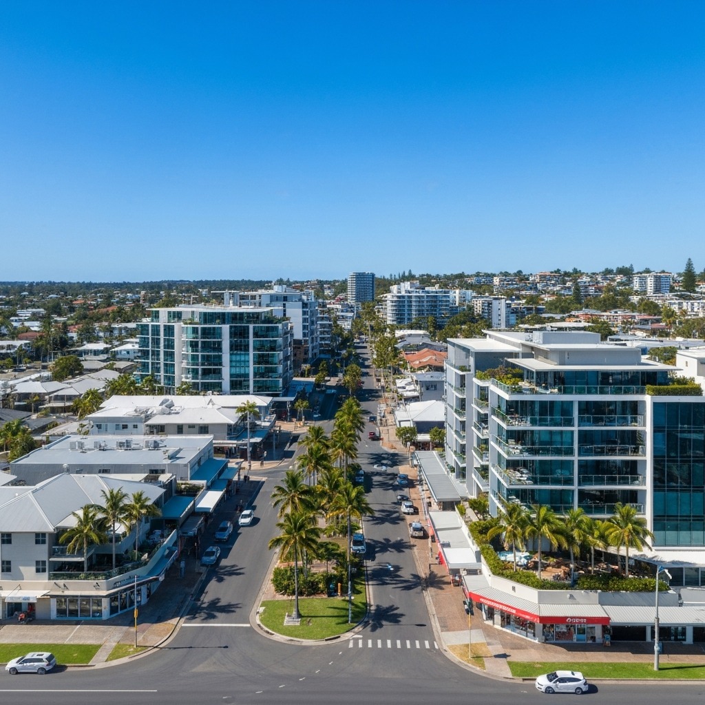 Southport CBD streetscape with modern buildings and the Broadwater in the background