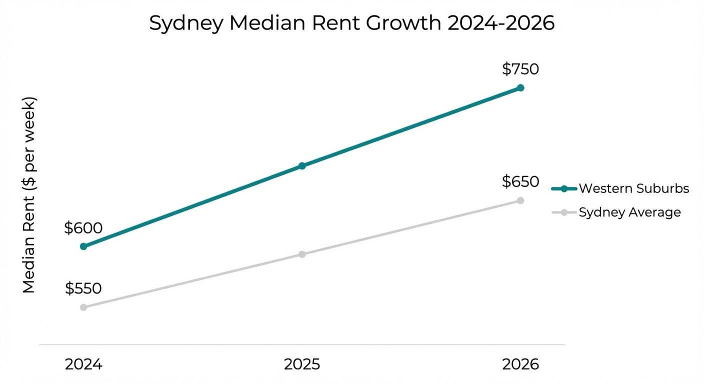 Line chart showing Sydney median rent trends from 2024 to 2026 with western suburbs growing faster than inner city