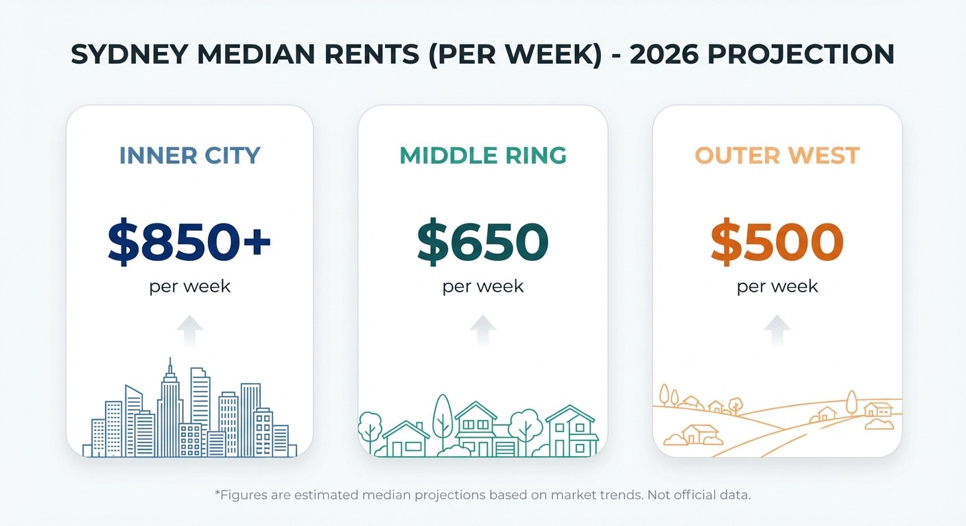Infographic showing Sydney median rents by region — inner city $720, middle ring $560, outer west $400 per week in 2026