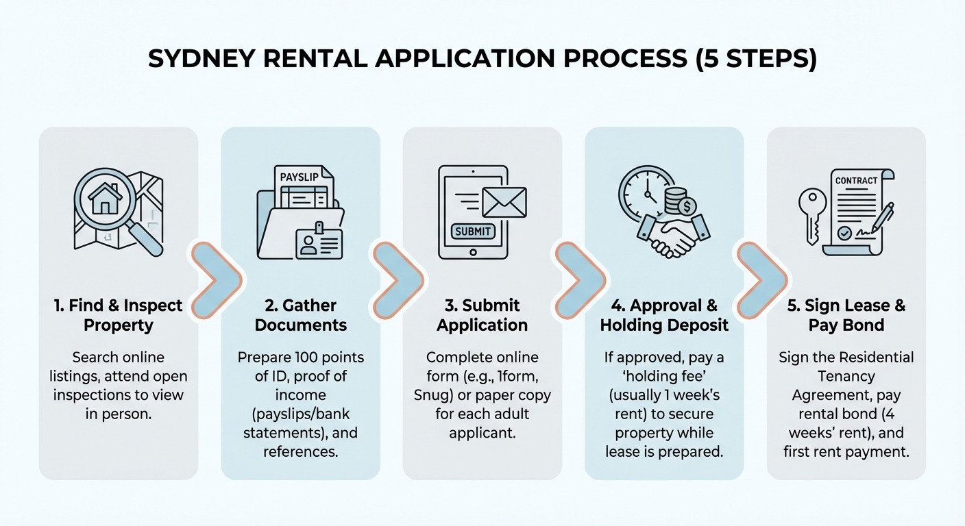 Step-by-step infographic showing the Sydney rental application process from inspection to signing lease